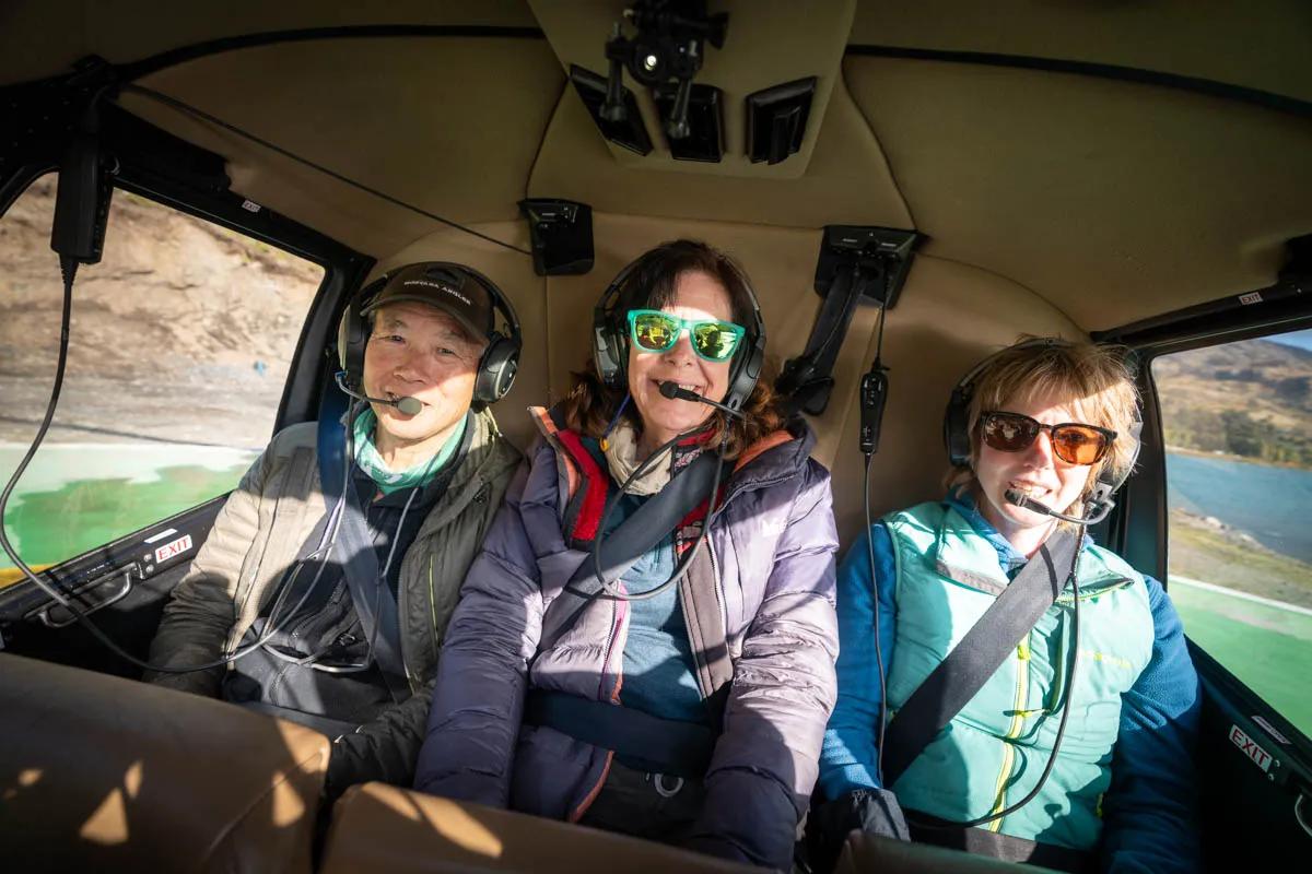 Robert and Jeanine Konishi, and Christine Marozick ready for takeoff at Puerto Guadal.